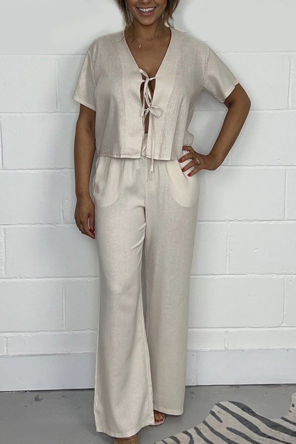 Women's Linen Tie Up Top And Trouser Co-ord