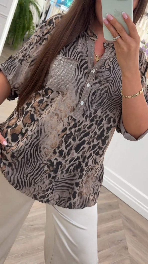 Women's Round Neck Leopard Print Mid-sleeve Sequined Top