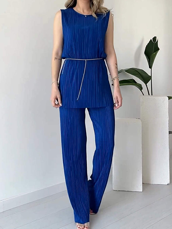 Women's Sleeveless Pleated Top and Pants Two-piece Set