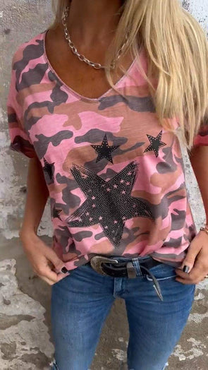 V-neck Short-sleeved Camouflage Star T-shirt