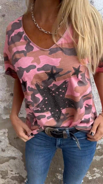 V-neck Short-sleeved Camouflage Star T-shirt