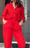 Women's V-neck Solid Color Long-sleeved Jumpsuit