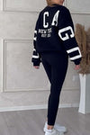 Women's Casual Solid Color Round Neck Long Sleeve Printed Sweatshirt and Leggings Set