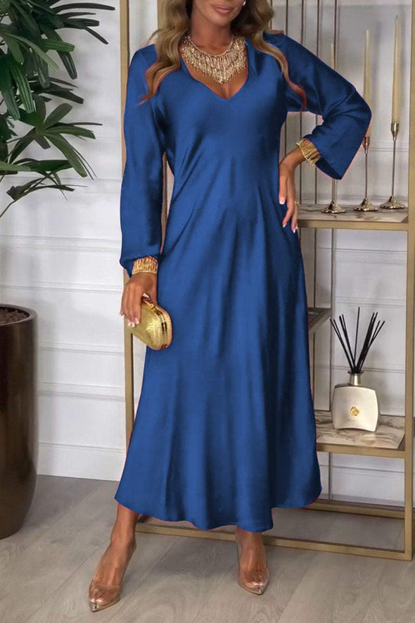 Women's V-neck Long-sleeved Satin Dress