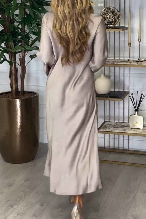 Women's V-neck Long-sleeved Satin Dress