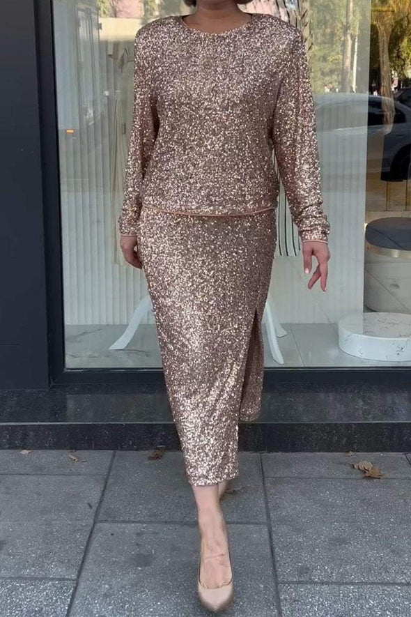 Women's Sequined Round Neck Long Sleeve Skirt Suit