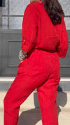 Women's V-neck Solid Color Long-sleeved Jumpsuit