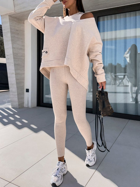 Women's Fashion Solid Color Sweatshirt and Lined Leggings 3-piece Suits