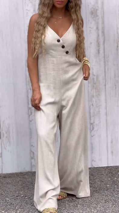 V-neck Buttoned Casual Jumpsuit