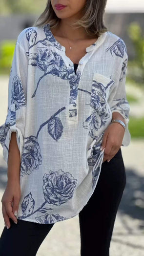 Cotton and Linen Printed V-neck Top