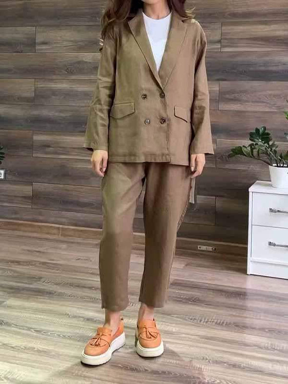 Women's Lapel Solid Color Cotton and Linen Two-piece Suit