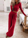 Solid color knitted casual home two-piece suit for women