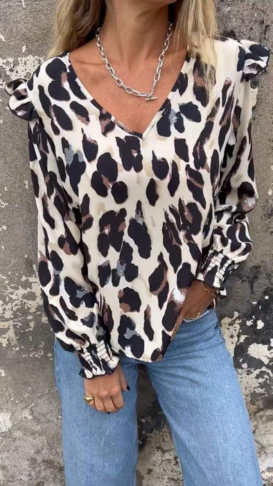 Leopard Print V-neck Top with Flying Sleeves