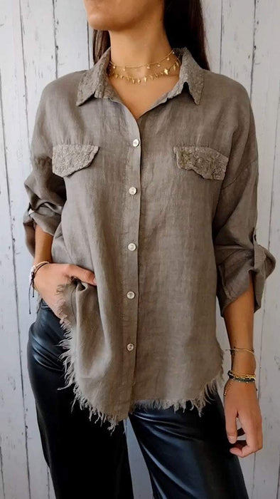 Tassel Lapel Mid-sleeve Cotton and Linen Lapel Shirt