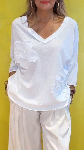 V-neck Mid-sleeve Embroidered Casual Top