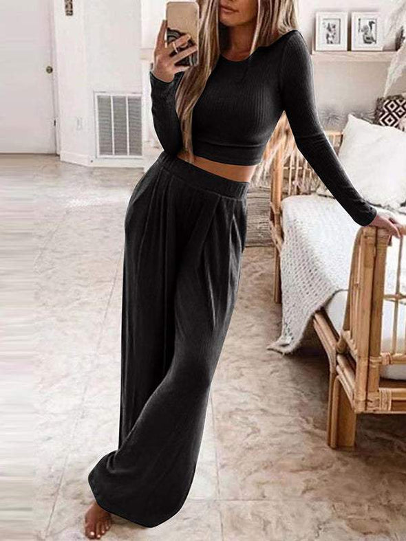 Solid color knitted casual home two-piece suit for women