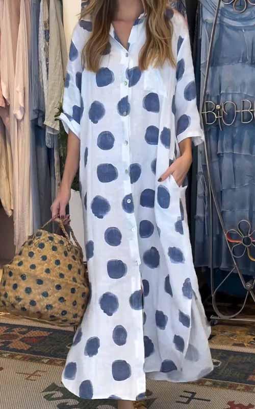 Women's Lapel Polka Dot Cotton and Linen Dress