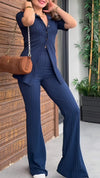 Women's Lapel Short Sleeve Textured Fabric Suit