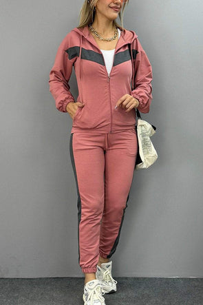 Women's Casual Contrast Color Patchwork Hooded Pants Suit