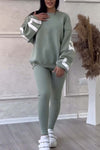 Women's Casual Solid Color Round Neck Long Sleeve Printed Sweatshirt and Leggings Set