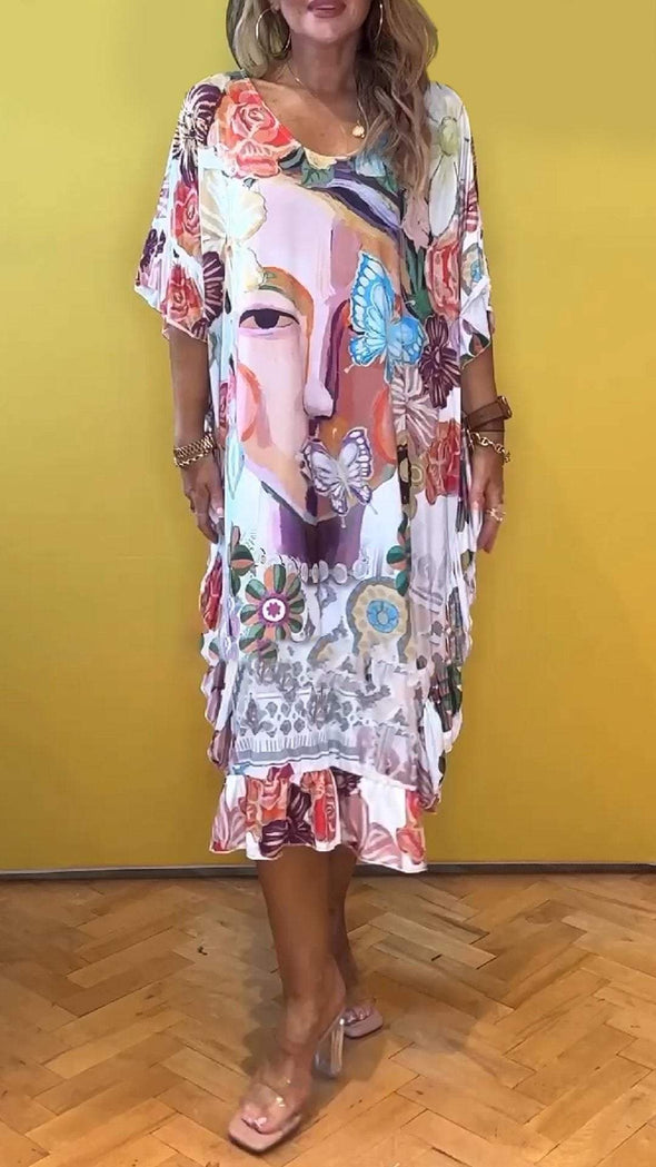 Women's V-neck Mid-sleeve Printed Dress