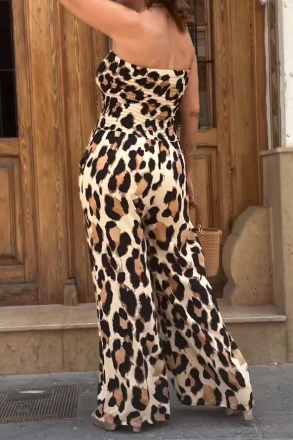 Gathered leopard print jumpsuit