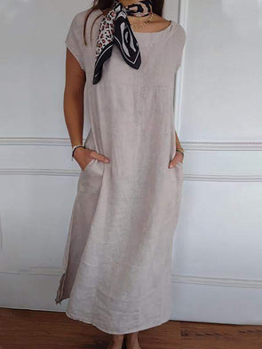 Women's Cotton and Linen Round Neck Solid Color Dress