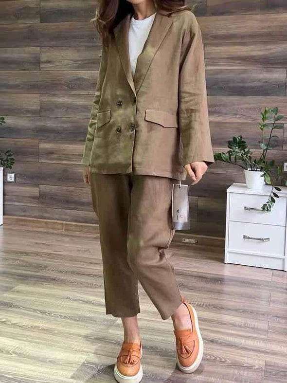 Women's Lapel Solid Color Cotton and Linen Two-piece Suit