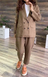 Women's Lapel Solid Color Cotton and Linen Two-piece Suit