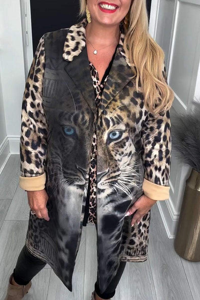 Women's Hooded Long-sleeved Tiger and Leopard Print Casual Jacket