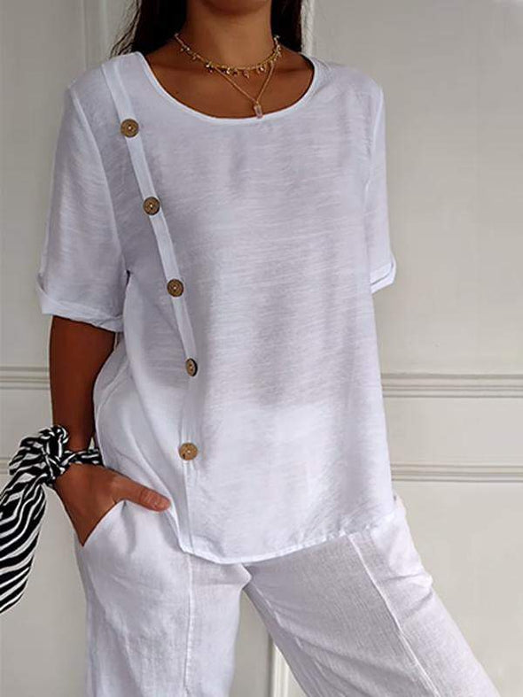 Women's Cotton and Linen Button Design Casual Shirt