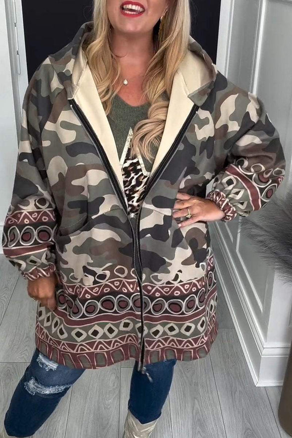 Women's Hooded Long Sleeve Camouflage Printed Casual Jacket