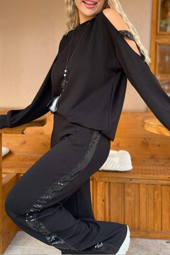 Women's Round Neck Hollow Long Sleeve Sequined Patchwork Design Casual Suit